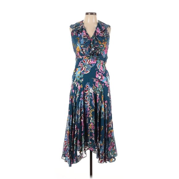Saloni Blue Multi Silk Blend Midi Dress 6 - Picture 1 of 9